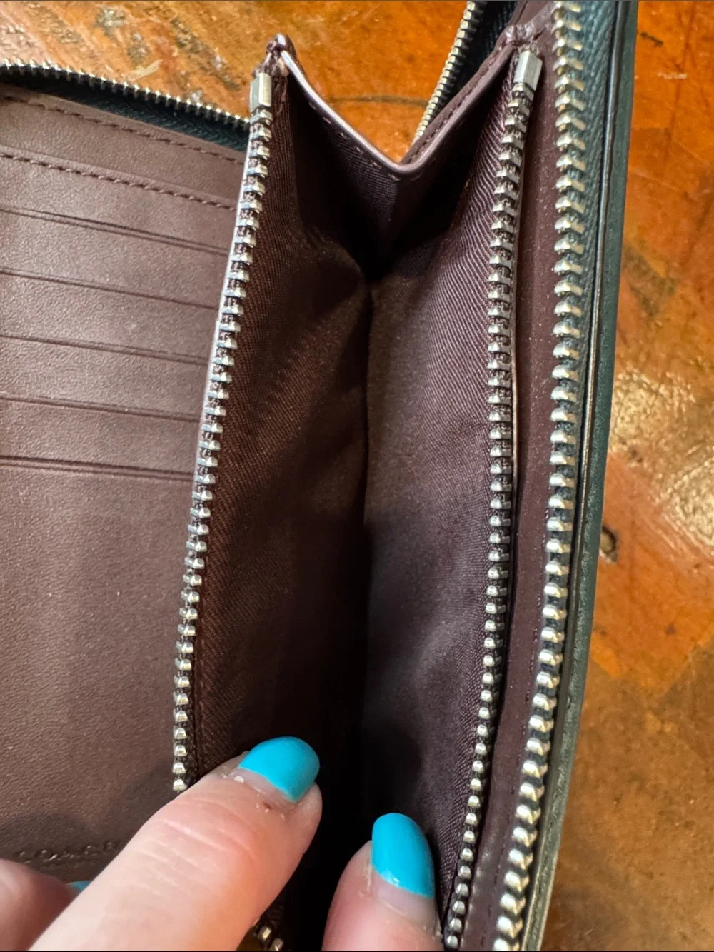 Coach Teal Zip Wallet with Silver Logo - Picture 10 of 11